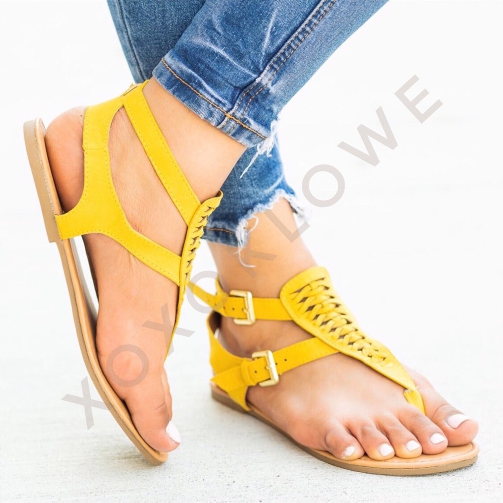 Yellow Gladiator Thong Sandal Double Buckle Vegan Suede - Picture 3 of 5